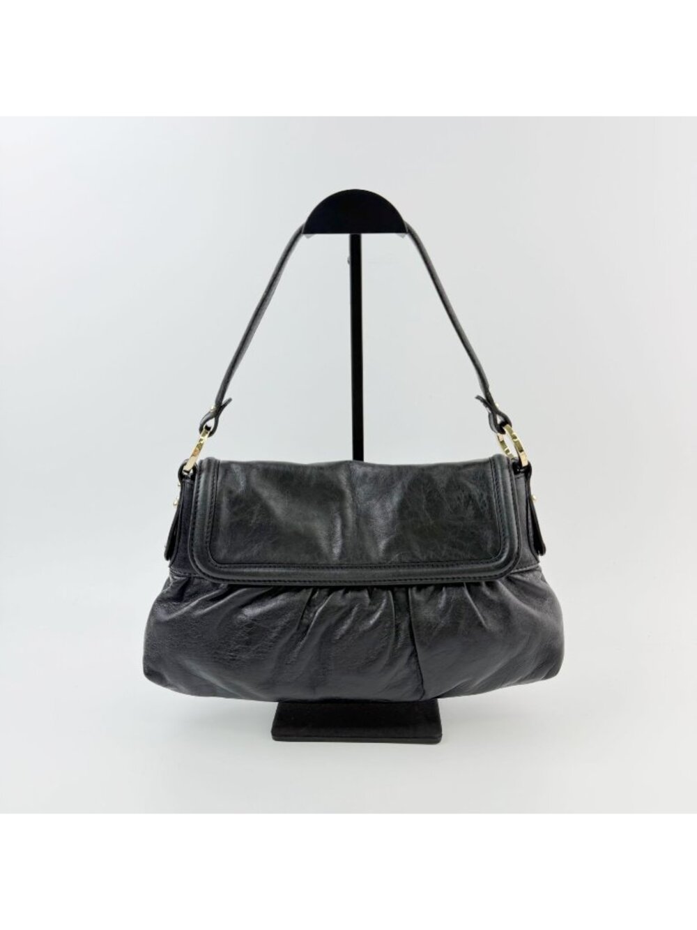Fendi Gathered Flap Ring Shoulder Bag Leather Black Gold Vintage